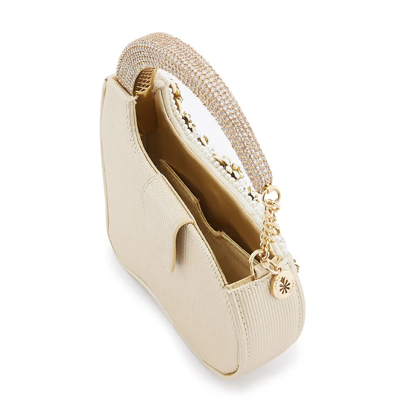 Anaar Anaar Swan Annette Clutch – White Floral Metallic & Pearl Embellished Handbag