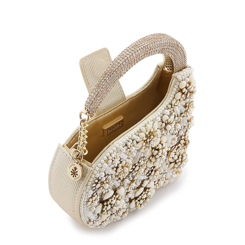 Anaar Anaar Swan Annette Clutch – White Floral Metallic & Pearl Embellished Handbag