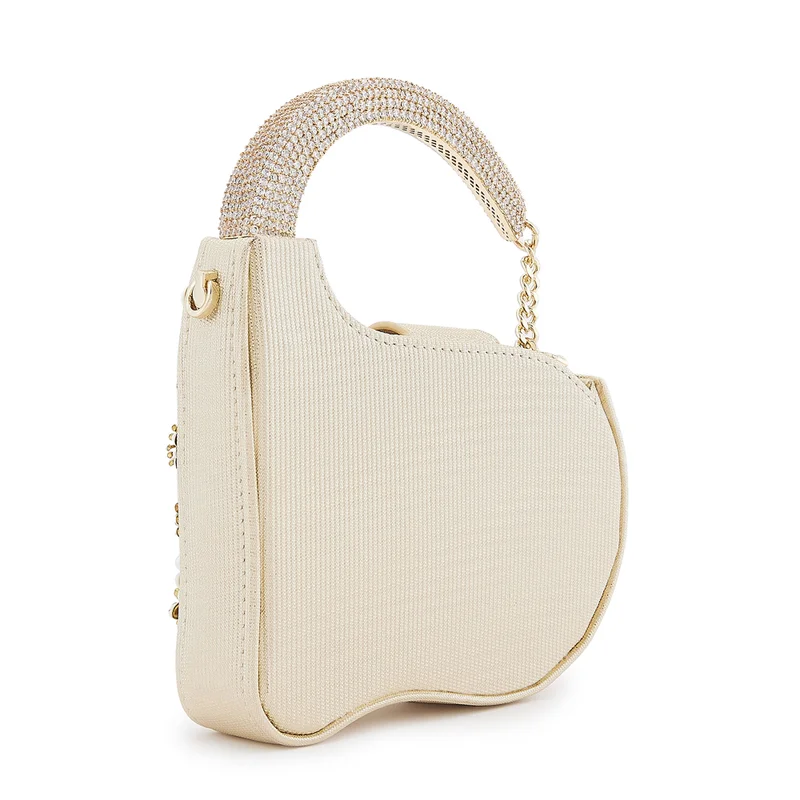 Anaar Anaar Swan Annette Clutch – White Floral Metallic & Pearl Embellished Handbag