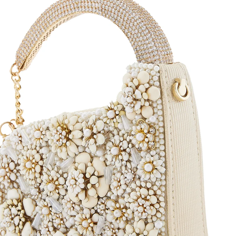 Anaar Anaar Swan Annette Clutch – White Floral Metallic & Pearl Embellished Handbag