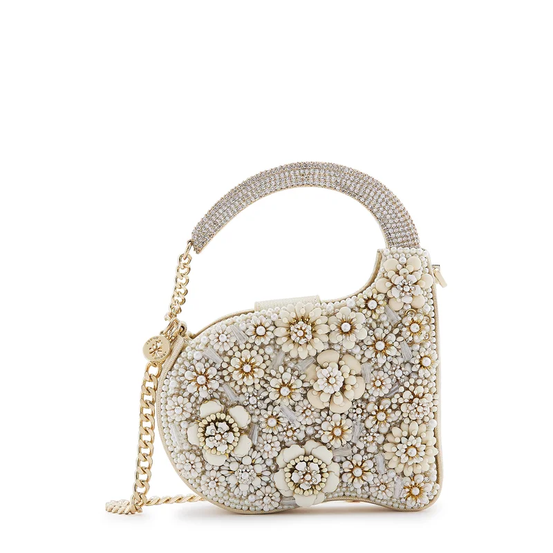 Anaar Anaar Swan Annette Clutch – White Floral Metallic & Pearl Embellished Handbag