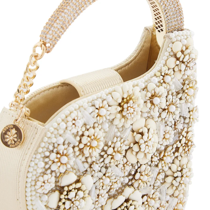 Anaar Anaar Swan Annette Clutch – White Floral Metallic & Pearl Embellished Handbag