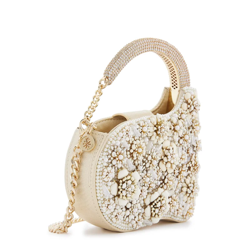 Anaar Anaar Swan Annette Clutch – White Floral Metallic & Pearl Embellished Handbag