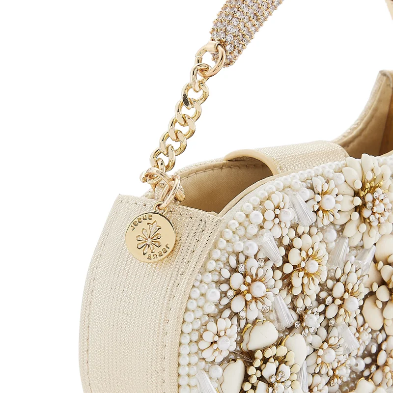 Anaar Anaar Swan Annette Clutch – White Floral Metallic & Pearl Embellished Handbag