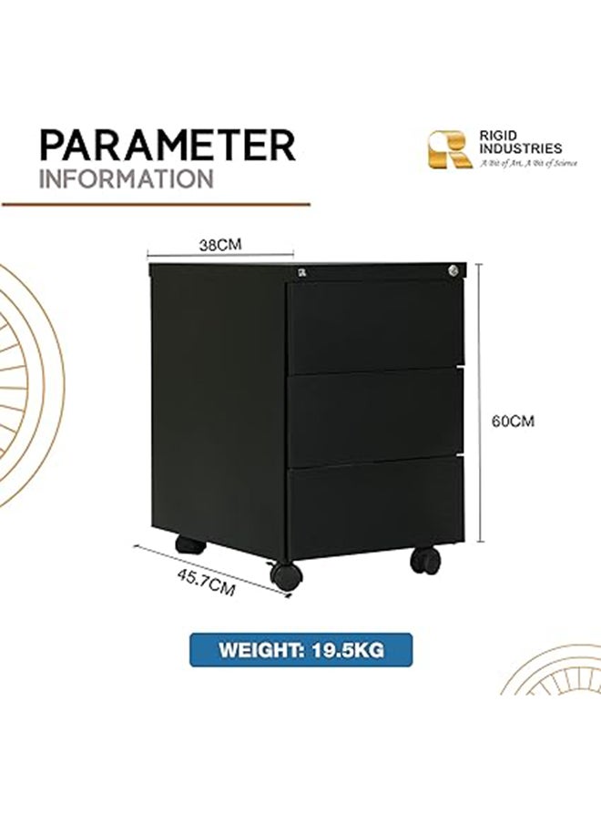 حامل متحرك من الفولاذ بثلاثة أدراج باللون الأسود 60x38x45.7 سم