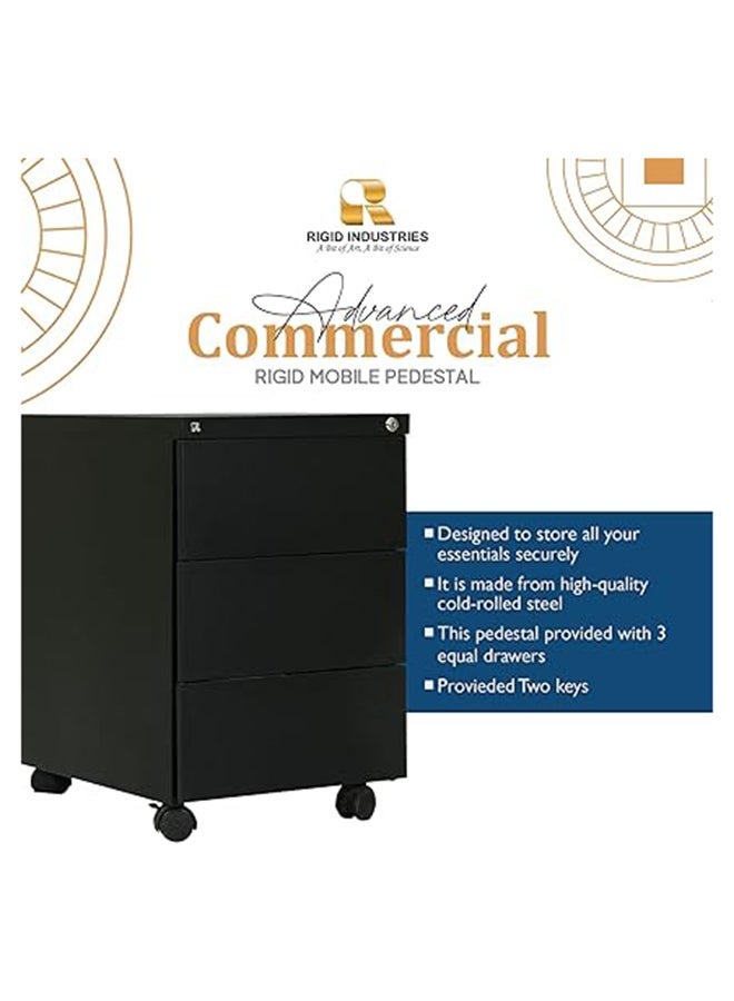 RIGID Steel Mobile Pedestal | 3 Drawer Under Desk Storage Unit with Lock | Modern Office Filing Cabinet with Wheels for Home, Office, Workstation Furniture (Black), Pre-Assembled - Image 3