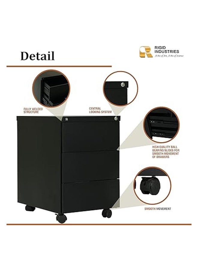 RIGID Steel Mobile Pedestal | 3 Drawer Under Desk Storage Unit with Lock | Modern Office Filing Cabinet with Wheels for Home, Office, Workstation Furniture (Black), Pre-Assembled - Image 4
