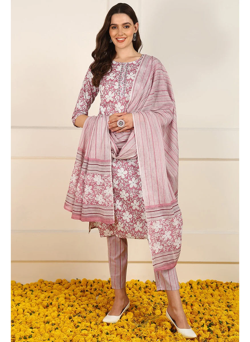زيري سوق Pink Cotton Floral Printed Straight Kurta Set