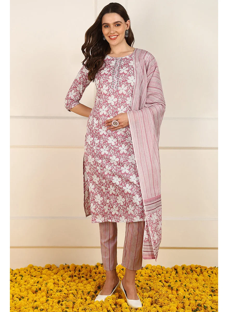 زيري سوق Pink Cotton Floral Printed Straight Kurta Set