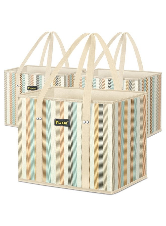 Baleine BALEINE 3Pk Reusable Grocery Bags, Foldable Shopping Bags for Groceries with Reinforced Bottom & Handles (Color Stripe)  - Image 1