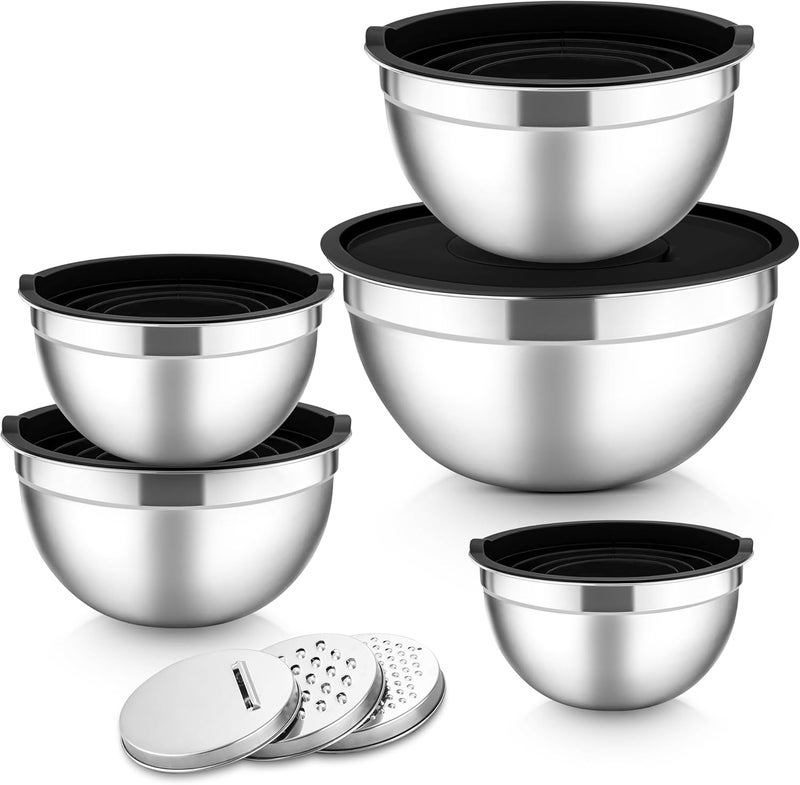 Herogo Mixing Bowl, Set of 5, Black, Stainless Steel Bowl with Airtight Lids, Metal Salad Bowl with 3 Grater Attachments for Preparing/Baking/Serving/Storage/Mixing, Dishwasher Safe - Image 1