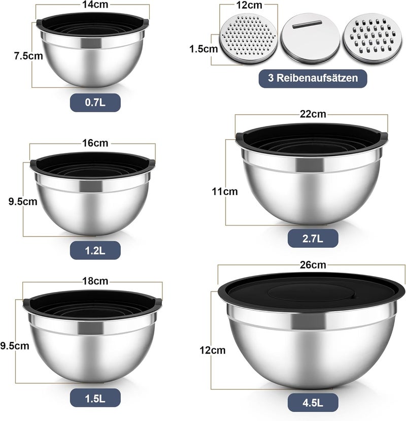 Herogo Mixing Bowl, Set of 5, Black, Stainless Steel Bowl with Airtight Lids, Metal Salad Bowl with 3 Grater Attachments for Preparing/Baking/Serving/Storage/Mixing, Dishwasher Safe - Image 2