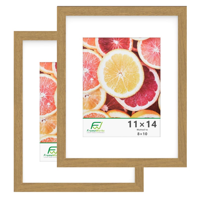 FrameWorks 2Pack 11x14 Matted to 8x10 Picture Frame Golden Oak  Classic Wooden Photo Frame with Tempered Glass Modern Matte Finish for Prints Posters Certificates  Wall Decor  GalleryReady