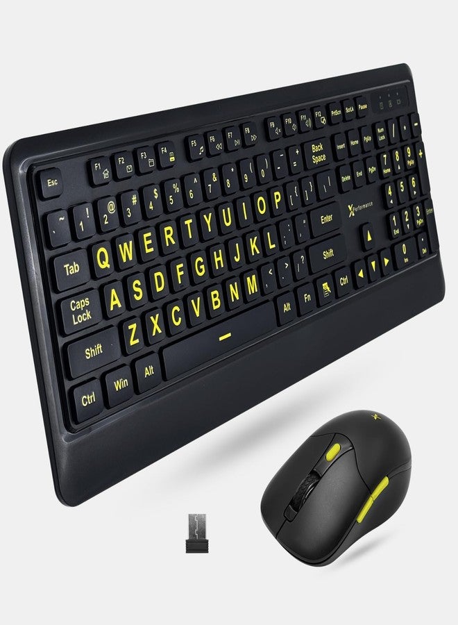 X9 Performance Large Print Wireless Keyboard and Mouse Combo - Easy to See Yellow Letters for Seniors and Low Vision Users - 2.4Ghz Wireless Mouse and Keyboard Combo for PC - Image 1
