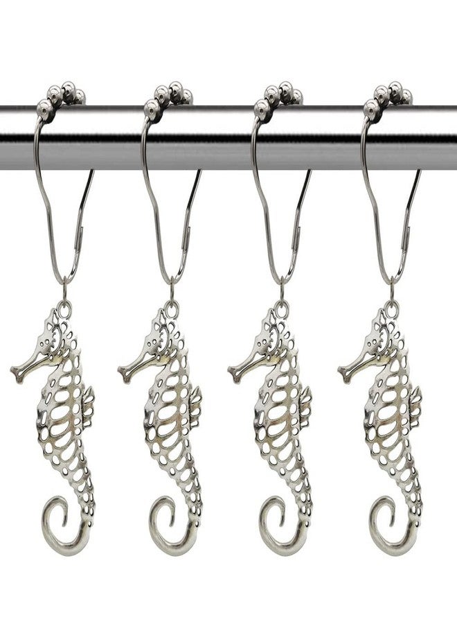 Seahorse Shower Curtain Hooks Rings - Rust Proof Stainless Steel Silver Curtain Hangers, Decorative Hook for Bathroom Shower Rod, Bath Room Accessories Set, Ocean Beach Themed Bathroom Decor, 12 PCS - Image 1