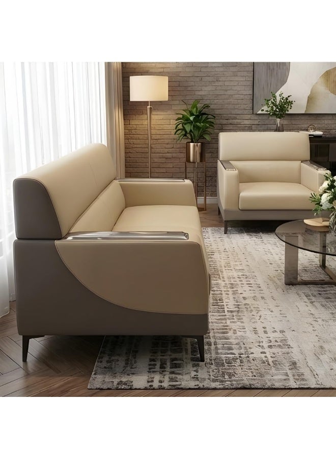 اي بي اكس هوم طقم كنب يوريكا 3+1+1 – كنبة من الجلد الصناعي بخمسة مقاعد لغرفة المعيشة والمكتب | طقم كنب مكتبي عصري (بيج-رمادي) - Image 3