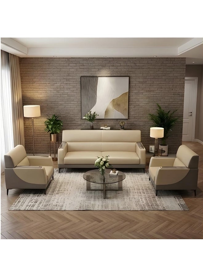 اي بي اكس هوم طقم كنب يوريكا 3+1+1 – كنبة من الجلد الصناعي بخمسة مقاعد لغرفة المعيشة والمكتب | طقم كنب مكتبي عصري (بيج-رمادي) - Image 1