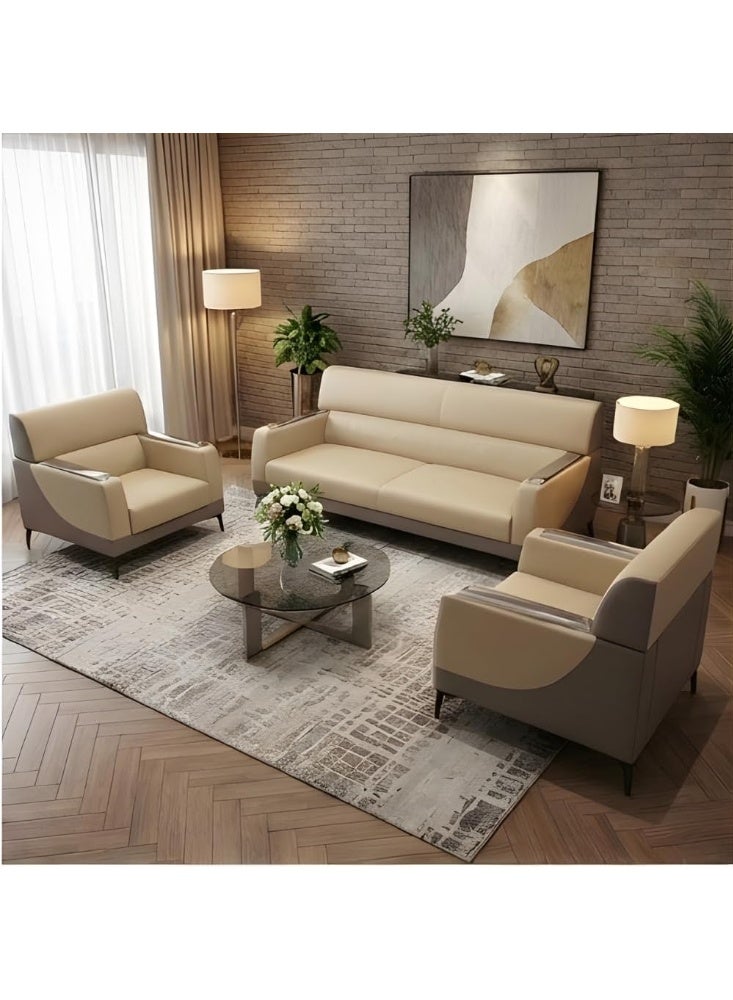 اي بي اكس هوم طقم كنب يوريكا 3+1+1 – كنبة من الجلد الصناعي بخمسة مقاعد لغرفة المعيشة والمكتب | طقم كنب مكتبي عصري (بيج-رمادي) - Image 4