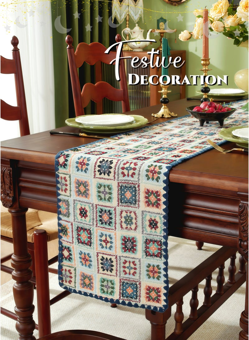 Retro Blue Jacquard Table Runner for Ramadan Decoration, Blue Geometric 71Inches, Rustic Farmhouse Fall for Kitchen Dining Table Decoration, Thick, Soft, Wear-Resistant ,Durable, Machine Washable,No wrinkles,No Shrinkage, Coffee Table, TV Cabinet , for Home Decor, Parties, and Weddings,Ramadan Gift(30*180cm) - Image 1