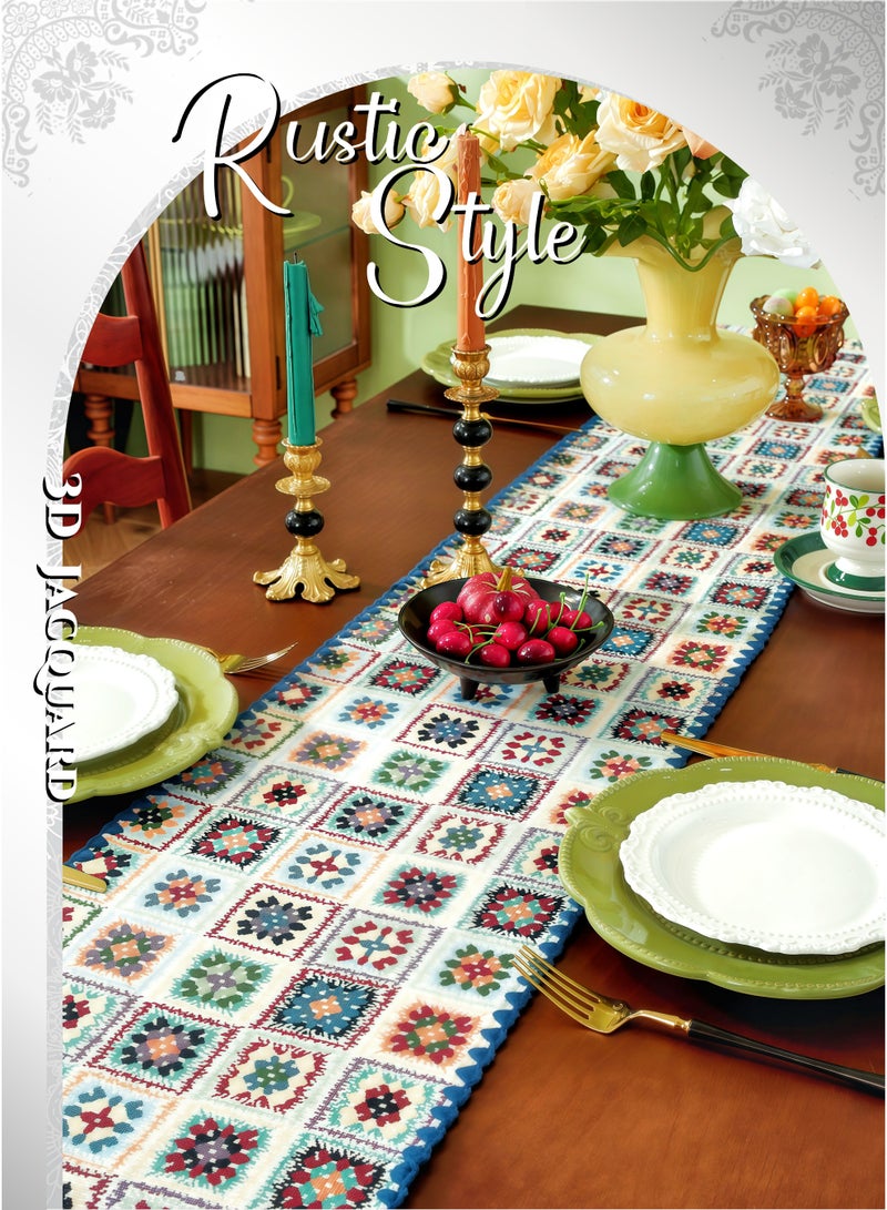 Retro Blue Jacquard Table Runner for Ramadan Decoration, Blue Geometric 71Inches, Rustic Farmhouse Fall for Kitchen Dining Table Decoration, Thick, Soft, Wear-Resistant ,Durable, Machine Washable,No wrinkles,No Shrinkage, Coffee Table, TV Cabinet , for Home Decor, Parties, and Weddings,Ramadan Gift(30*180cm) - Image 2