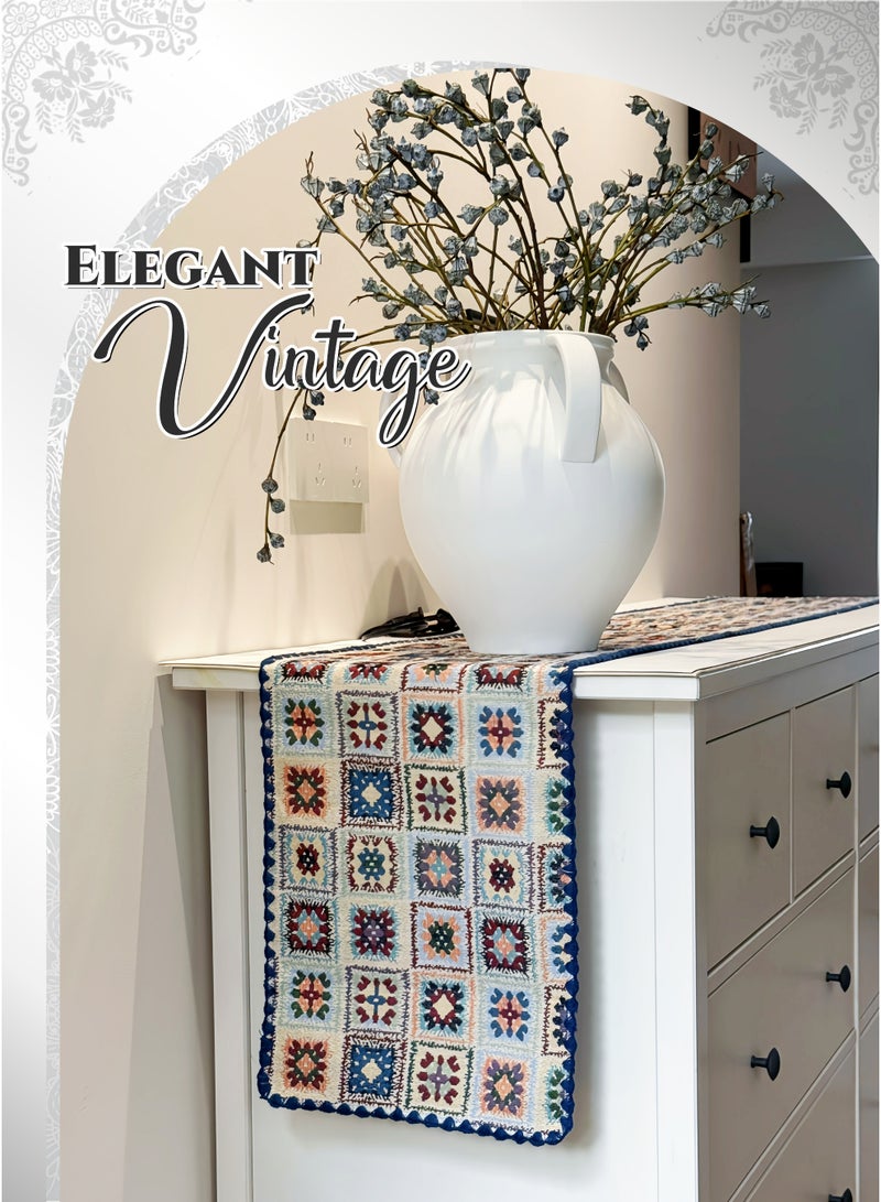 Retro Blue Jacquard Table Runner for Ramadan Decoration, Blue Geometric 71Inches, Rustic Farmhouse Fall for Kitchen Dining Table Decoration, Thick, Soft, Wear-Resistant ,Durable, Machine Washable,No wrinkles,No Shrinkage, Coffee Table, TV Cabinet , for Home Decor, Parties, and Weddings,Ramadan Gift(30*180cm) - Image 4