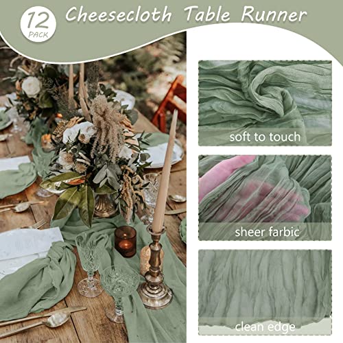 Fivenl 12 Pack Boho Gauze Table Runner - 35x72 Inch Rustic Cheese Cloth Long Table Runner for Wedding, Bridal Shower, Birthday Party Decor (Dusty Sage Green) - Image 4