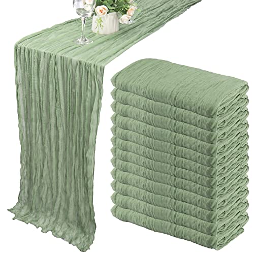 Fivenl 12 Pack Boho Gauze Table Runner - 35x72 Inch Rustic Cheese Cloth Long Table Runner for Wedding, Bridal Shower, Birthday Party Decor (Dusty Sage Green) - Image 1