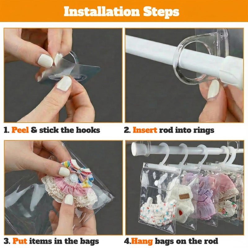 aimpiwt 10 Pack Clear Doll Clothes Storage Bags with Hanging Rod & Hooks, Compatible with Labubu Clothes - PVC Transparent Organizer Set for Dolls, Space-Saving Wardrobe System - Image 4
