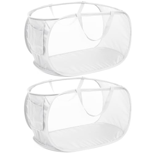 Bemkoo Strong Mesh Pop Up Laundry Basket, Collapsible Laundry Hamper with Side Pocket, Foldable Clothes Hamper with Durable Reinforced Handles for Laundry, Bathroom, Kids Room, Dorm or Travel 2 Pack White - Image 1