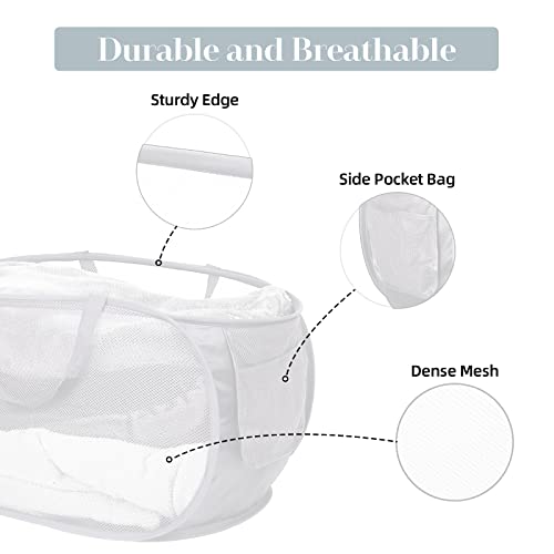 Bemkoo Strong Mesh Pop Up Laundry Basket, Collapsible Laundry Hamper with Side Pocket, Foldable Clothes Hamper with Durable Reinforced Handles for Laundry, Bathroom, Kids Room, Dorm or Travel 2 Pack White - Image 4