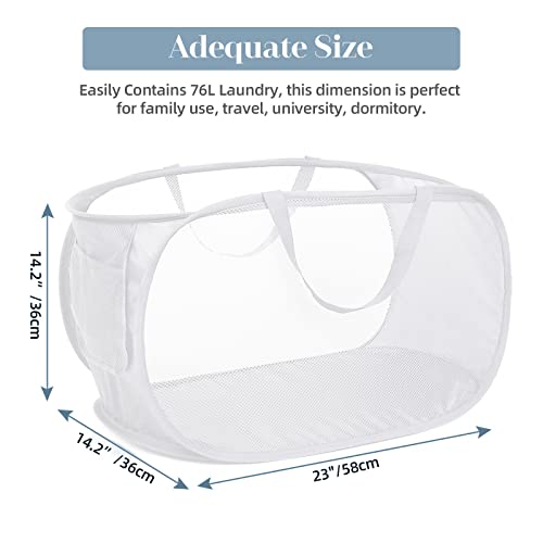 Bemkoo Strong Mesh Pop Up Laundry Basket, Collapsible Laundry Hamper with Side Pocket, Foldable Clothes Hamper with Durable Reinforced Handles for Laundry, Bathroom, Kids Room, Dorm or Travel 2 Pack White - Image 3