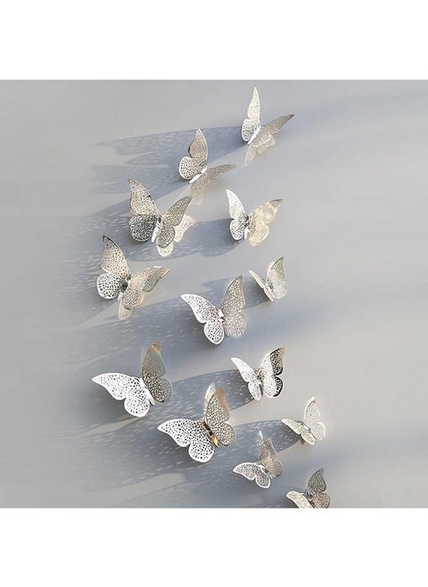 Xtore® 12pcs 3D Metallic Finish Home Decor Butterfly with Sticking pad- (Shimmer Silver)(Set of 12)