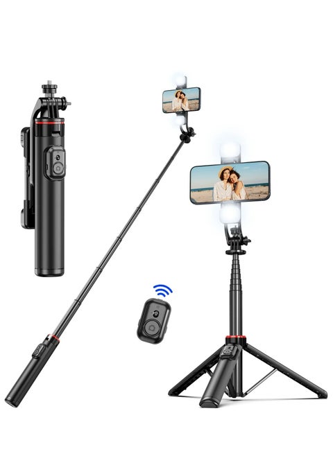 53‘’Selfie Stick Tripod with fill light, Extendable Aluminum Tripod with Rechargeable Bluetooth Remote, Compatible with iPhone and Android Smartphones, Perfect for Travel, Vlog, Video and Photo