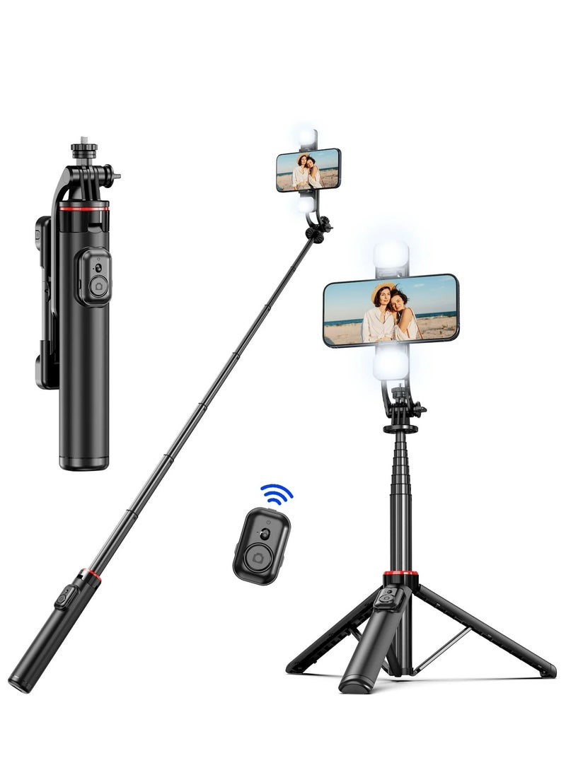 53‘’Selfie Stick Tripod with fill light, Extendable Aluminum Tripod with Rechargeable Bluetooth Remote, Compatible with iPhone and Android Smartphones, Perfect for Travel, Vlog, Video and Photo