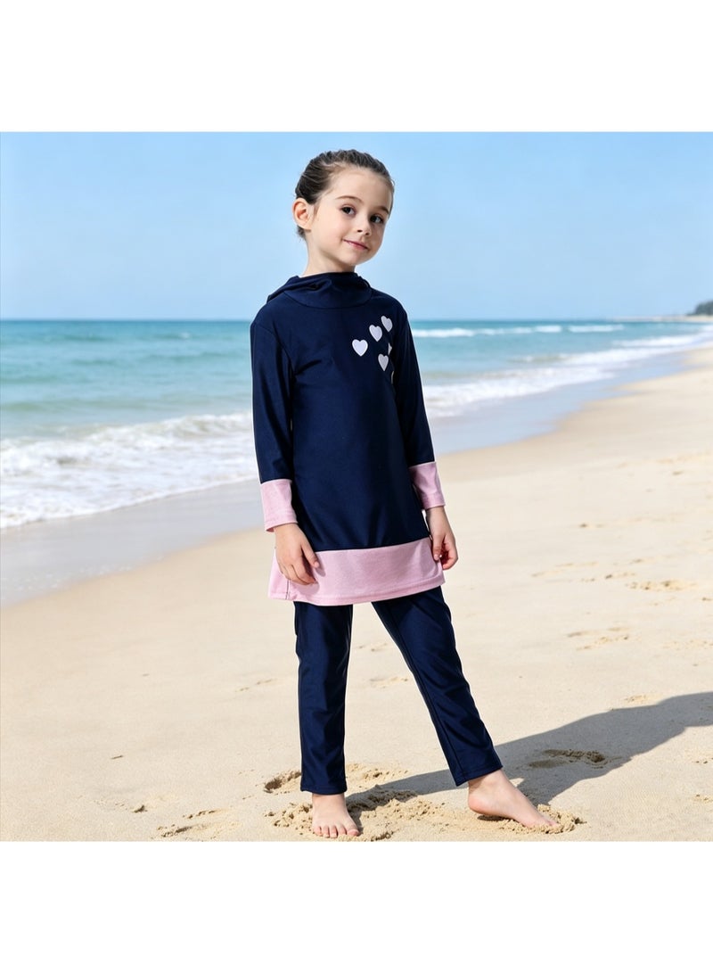 Girls Modest 3-Piece Muslim Swimwear, Long Sleeve Top Pants with Hijab, UV Protection Quick Dry Kids Swimming Costume with Heart Print - Image 1