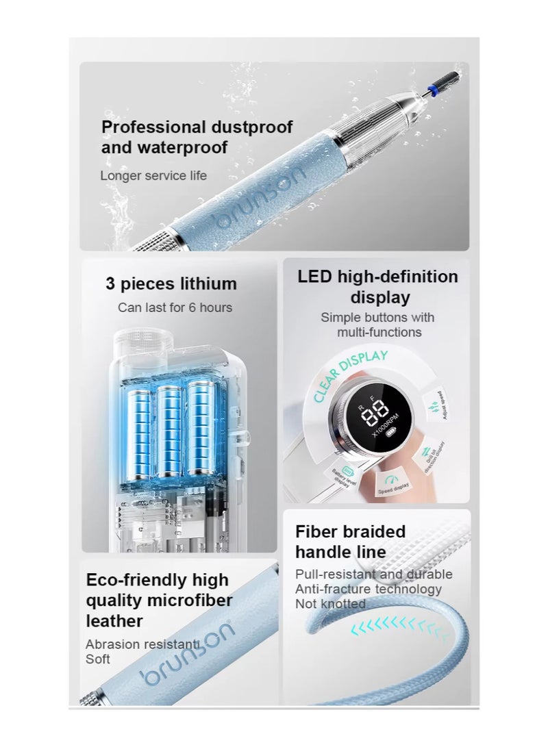 brunson Yacht Master Professional Nail Drill Machine 35000 RPM Waterproof Dustproof Cordless Rechargeable with Brushless Motor 24W Power 1 Year Warranty 1 Nail Drill Bit - Image 5