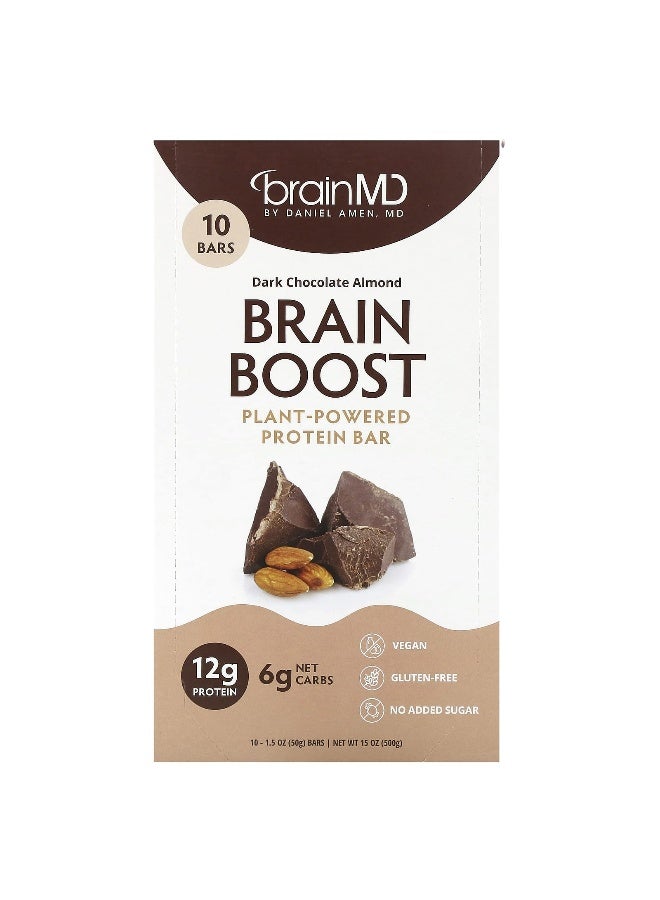 BRAINMD BrainMD, Brain Boost, Plant-Powered Protein Bar, Dark Chocolate Almond, 10 Bars, 1.5 oz (50 g) Each  - Image 1