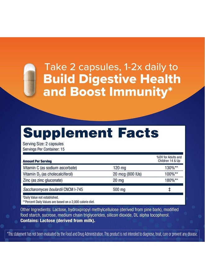 Florastor Florastor Select Immunity Boost Daily Probiotic & Immune Support Supplement for Women and Men, Saccharomyces Boulardii CNCM I-745 Plus Zinc, Vitamin C & D3 (30 Capsules)  - Image 1