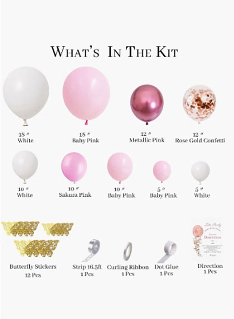 بيوينتي زينة استحمام الطفل للبنات 140 قطعة بالونات وردية جارلاند معدنية وردية بيضاء قوس بالونات مجموعة فراشة ملصقات بالونات وردية وردية لتزيين حفلات أعياد الميلاد - Image 2