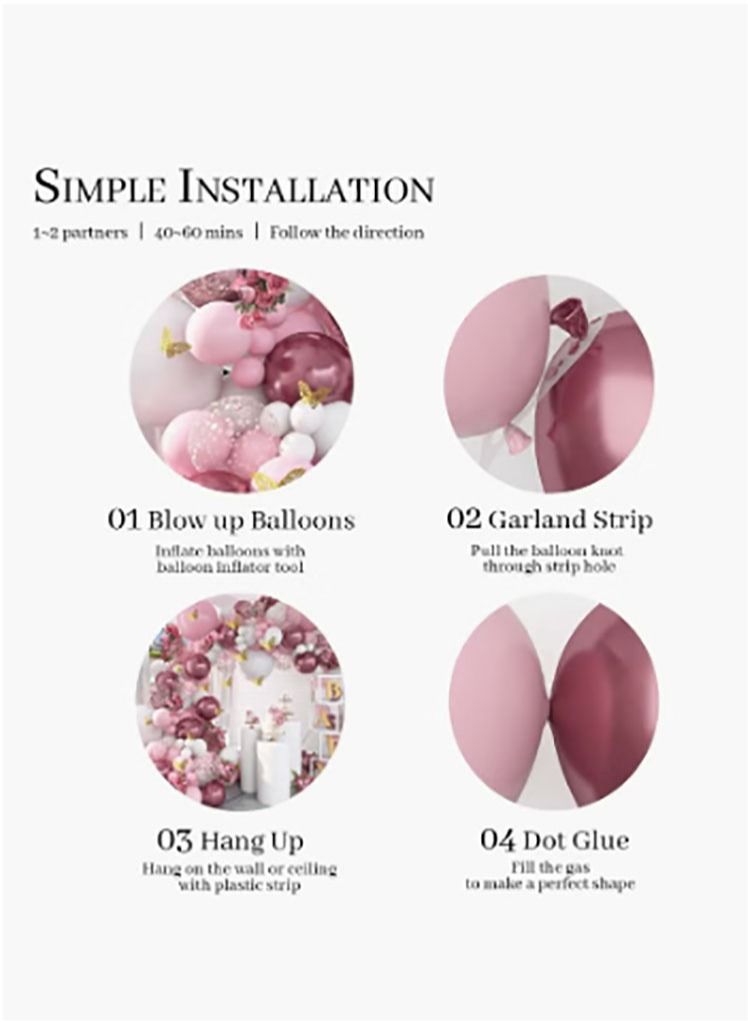 بيوينتي زينة استحمام الطفل للبنات 140 قطعة بالونات وردية جارلاند معدنية وردية بيضاء قوس بالونات مجموعة فراشة ملصقات بالونات وردية وردية لتزيين حفلات أعياد الميلاد - Image 3