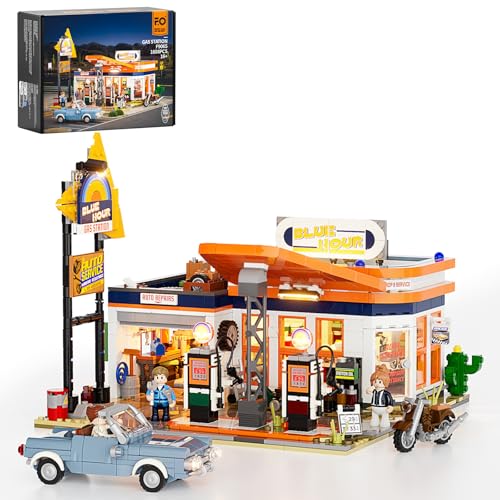 FUNWHOLE City GasStation LightingBuildingBricks Set Road Trip Modular Car Service Station Collection LED Light Building Set 1608 Pcs for Adults Teen and Travelling Enthusiasts - Image 1