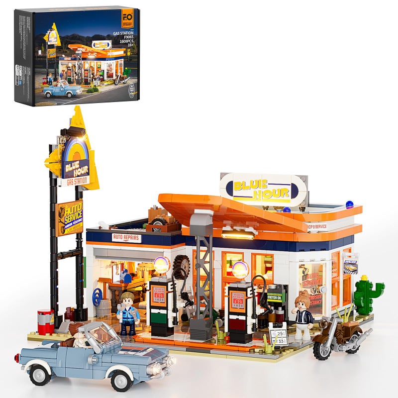 FUNWHOLE City GasStation LightingBuildingBricks Set Road Trip Modular Car Service Station Collection LED Light Building Set 1608 Pcs for Adults Teen and Travelling Enthusiasts - Image 2