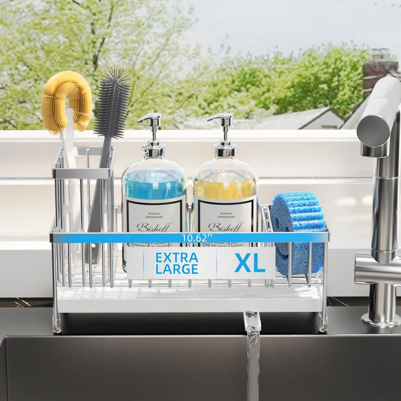 Moforoco Larger Version Sponge Holder for Kitchen Sink Sink Caddy with High Brush Holder Kitchen Sink Organizer Countertop Rustproof 304 Stainless Steel Stainless Steel