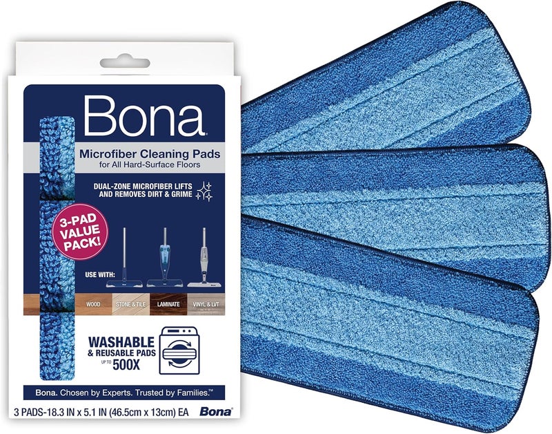 BONA Mop Microfiber Cleaning Pad for Hardwood & Hard Surface Floors - Value 3-Pack - For Use With Mops - Dual Zone Cleaning - Image 1