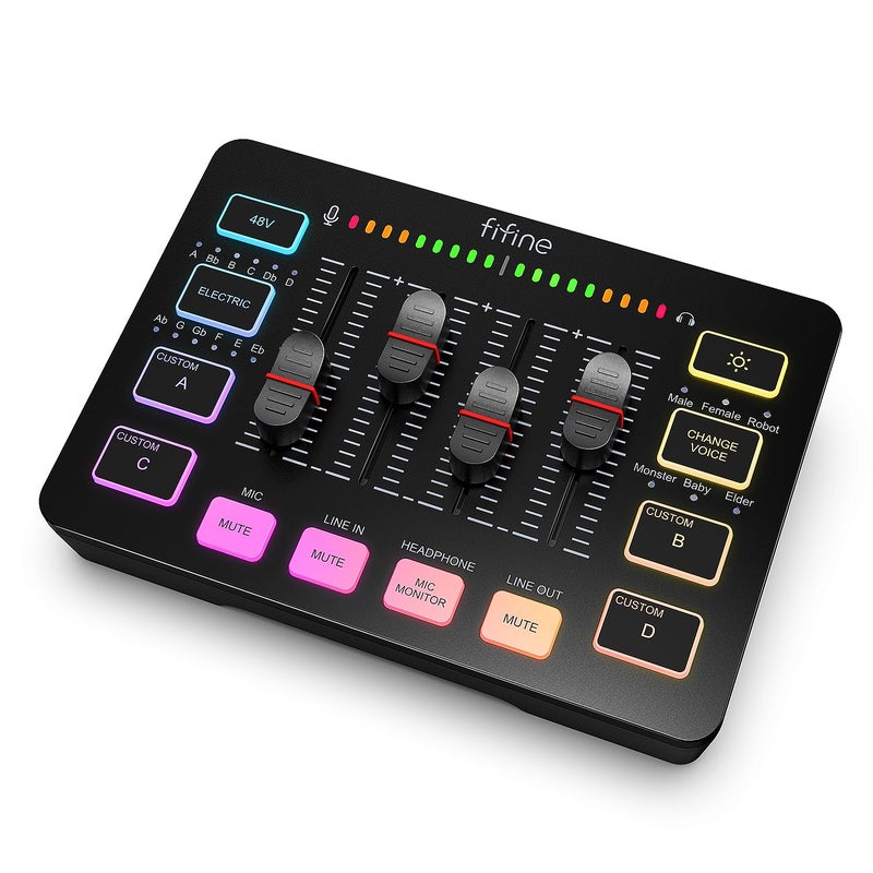 FIFINE Gaming Audio Mixer, Streaming RGB PC Mixer with XLR Microphone Interface, Individual Control, Volume Fader, Mute Button, 48V Phantom Power, for Podcast/Recording/Vocal/Game Voice-AmpliGame SC3 - Image 1