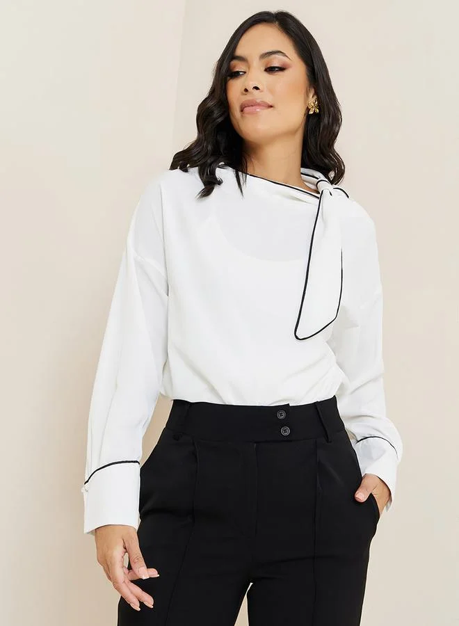 Styli Bow Tie Neck Contrast Piping Regular Fit Blouse