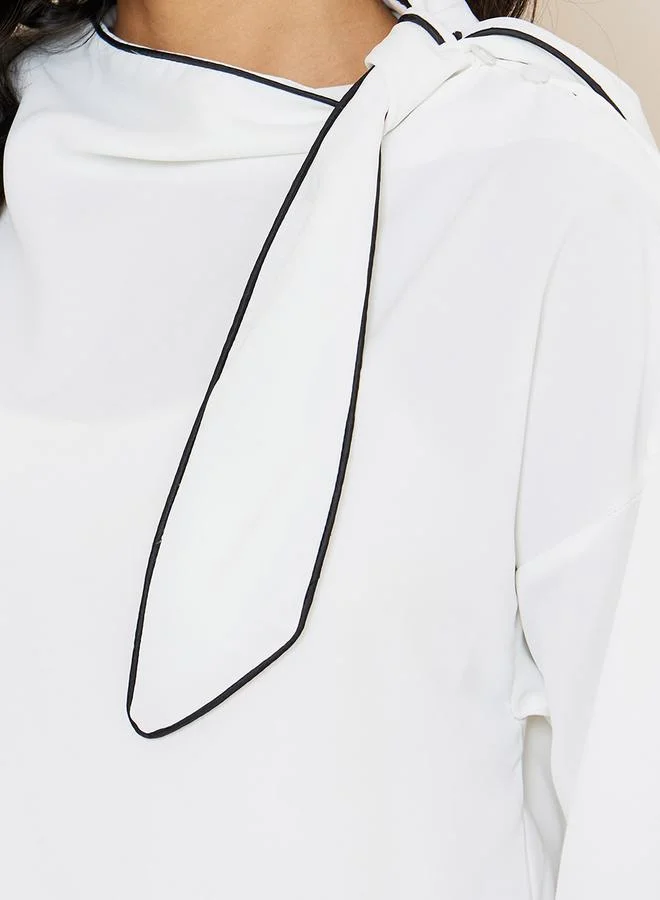 Styli Bow Tie Neck Contrast Piping Regular Fit Blouse