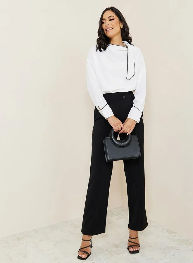 Styli Bow Tie Neck Contrast Piping Regular Fit Blouse