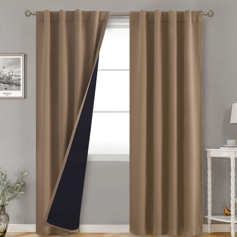 BGment Taupe 100% Blackout Curtains for Bedroom  84 inch Panels Black Out Rod Pocket and Back Tab Double Layer Room Darkening Living Room Drapes with Thermal Liner  2 Panels 38 x 84 Inch - Image 1