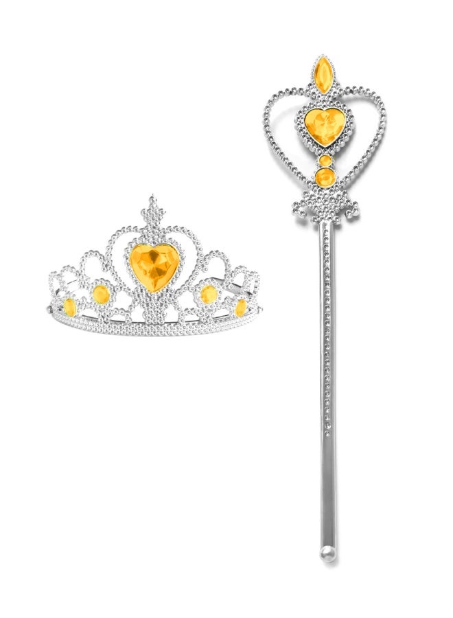 2-Piece Princess Accessories Dress-Up Set, Crown Set, Princess Accessories, Children's Heart-Shaped Diamond Crown, Magic Wand, Party Role-Playing Set, Gift Set, Yellow Crown Scepter B34